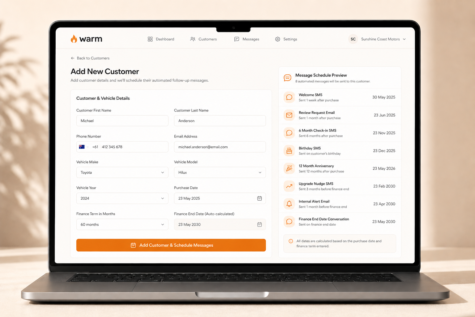 Add new customer form with message schedule preview