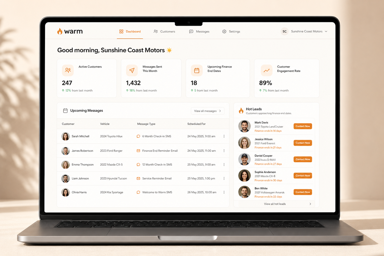 Warm dashboard showing active customers, upcoming messages, and hot leads