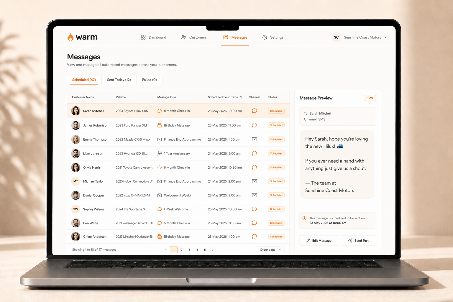 Messages overview page with scheduled message previews